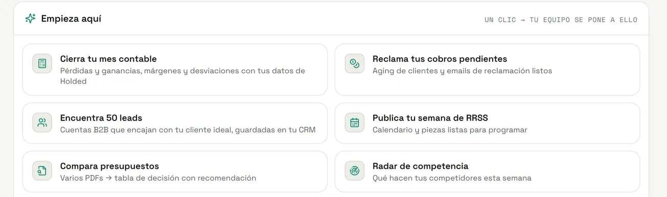 Sección «Empieza aquí» del Business OS, con seis acciones propuestas: cerrar el mes contable, reclamar cobros, encontrar leads, publicar en redes, comparar presupuestos y vigilar a la competencia